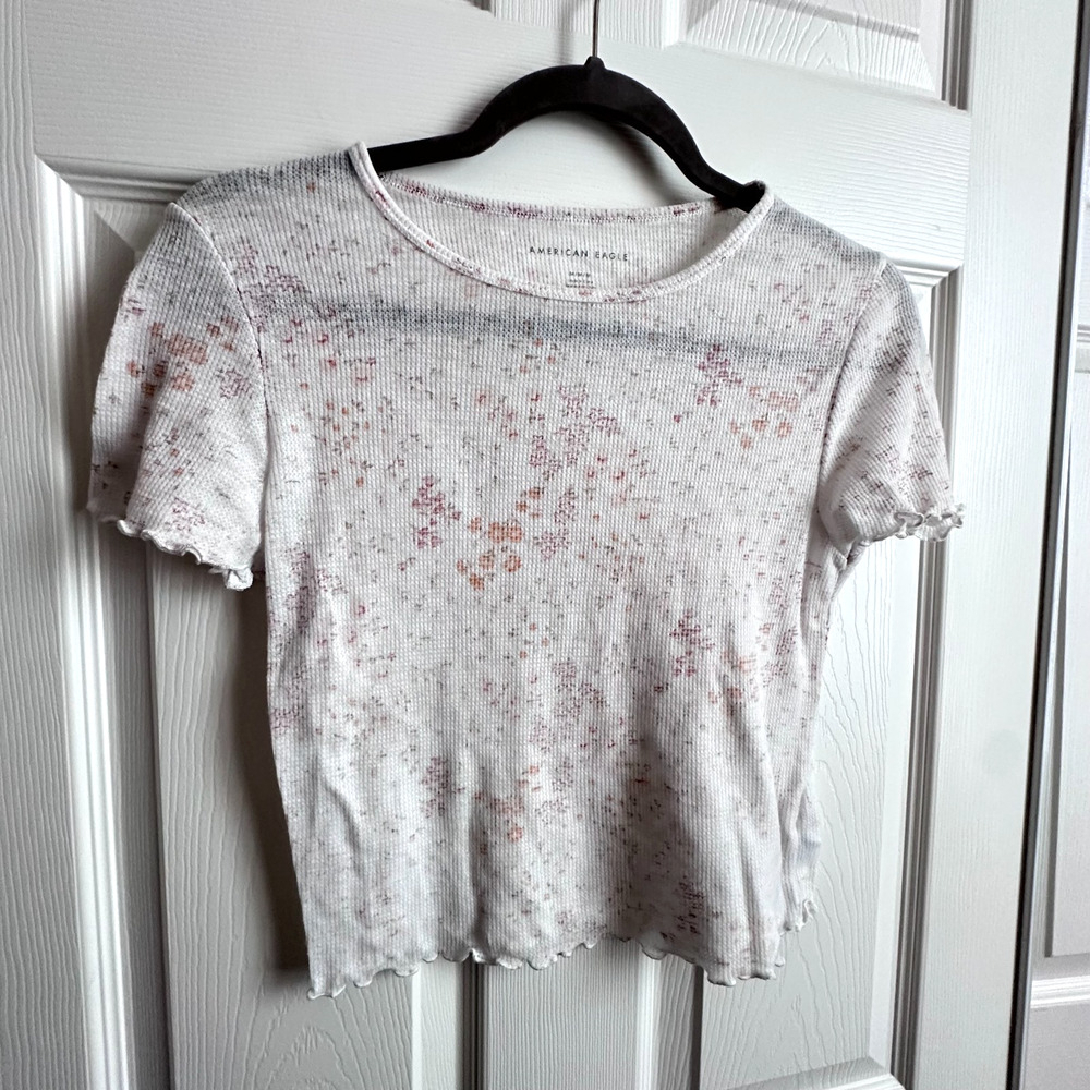 American Eagle Womens Med Tissue Waffle Knit Lettuce Hem Floral Crop Baby Tee